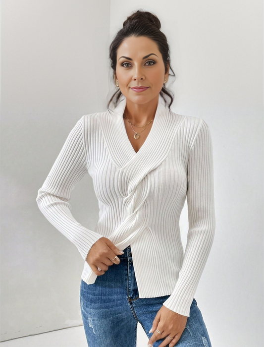 Women - Jumper - Ribbed Knit - White Casual Sweater