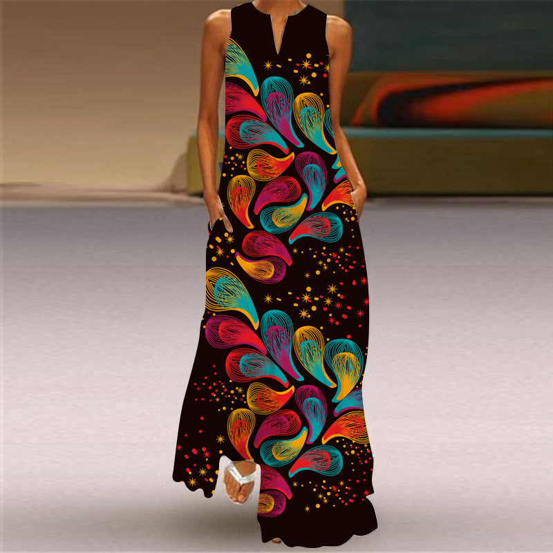 Digital Print Sleeveless Pocket Long Jumper Dress