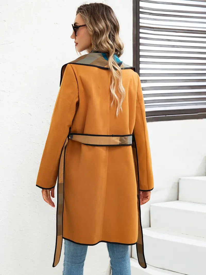 Coat with waterfall collar and belt