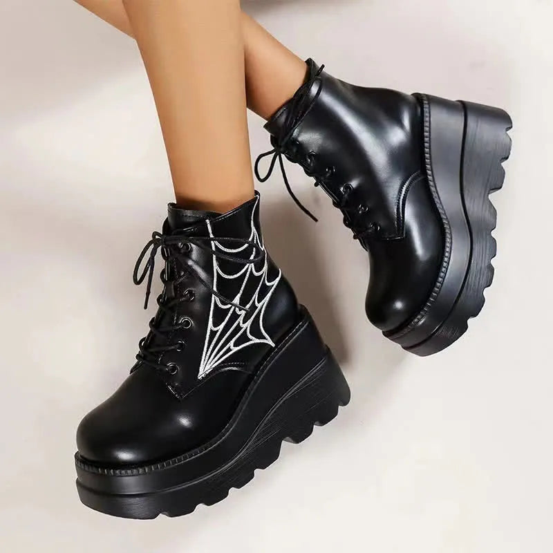 Gothic spider web lace-up boots