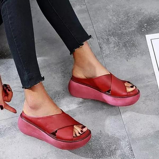 Soft platform sandals with thick leather heel