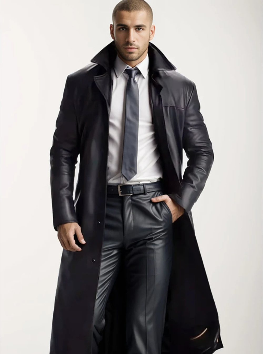 Long leather coat with classic lapels