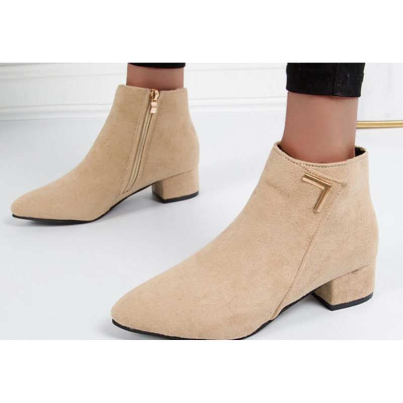 Suede Ankle Boots with Side Zip and Block Heel