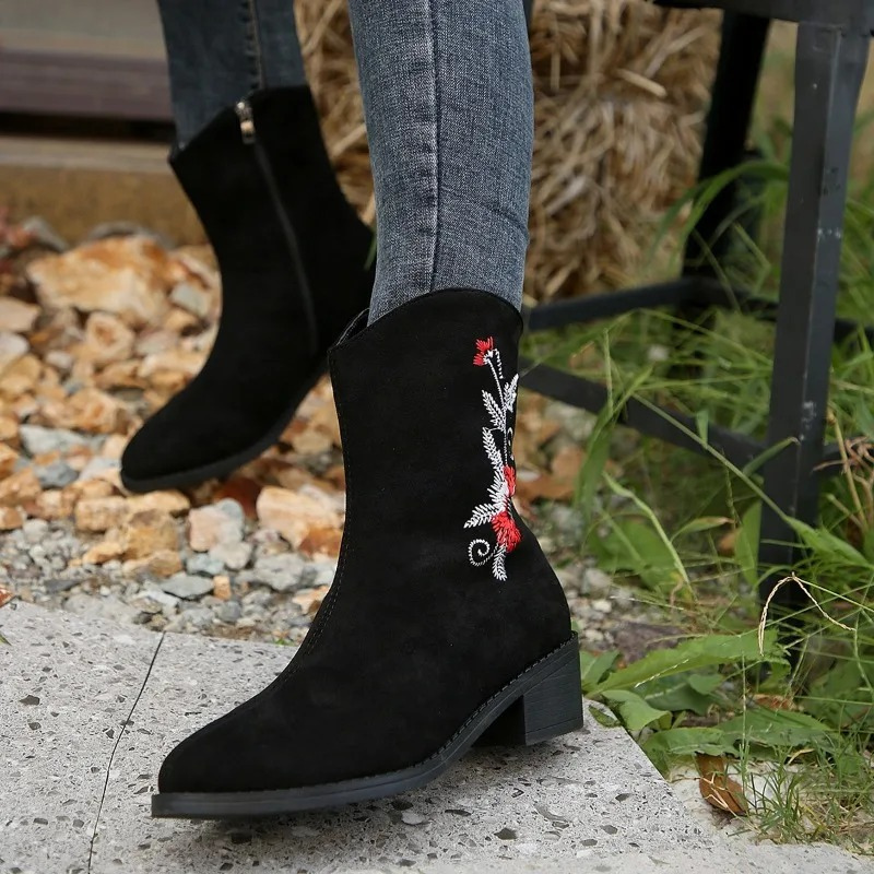 Women's Ankle Boots with Floral Embroidery and Zipper - Women's Ankle Boots