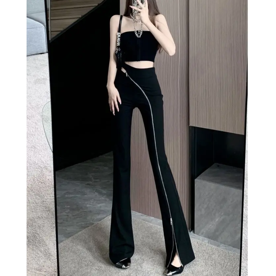 Women's Flared Trousers with Asymmetric Zip and High Waist