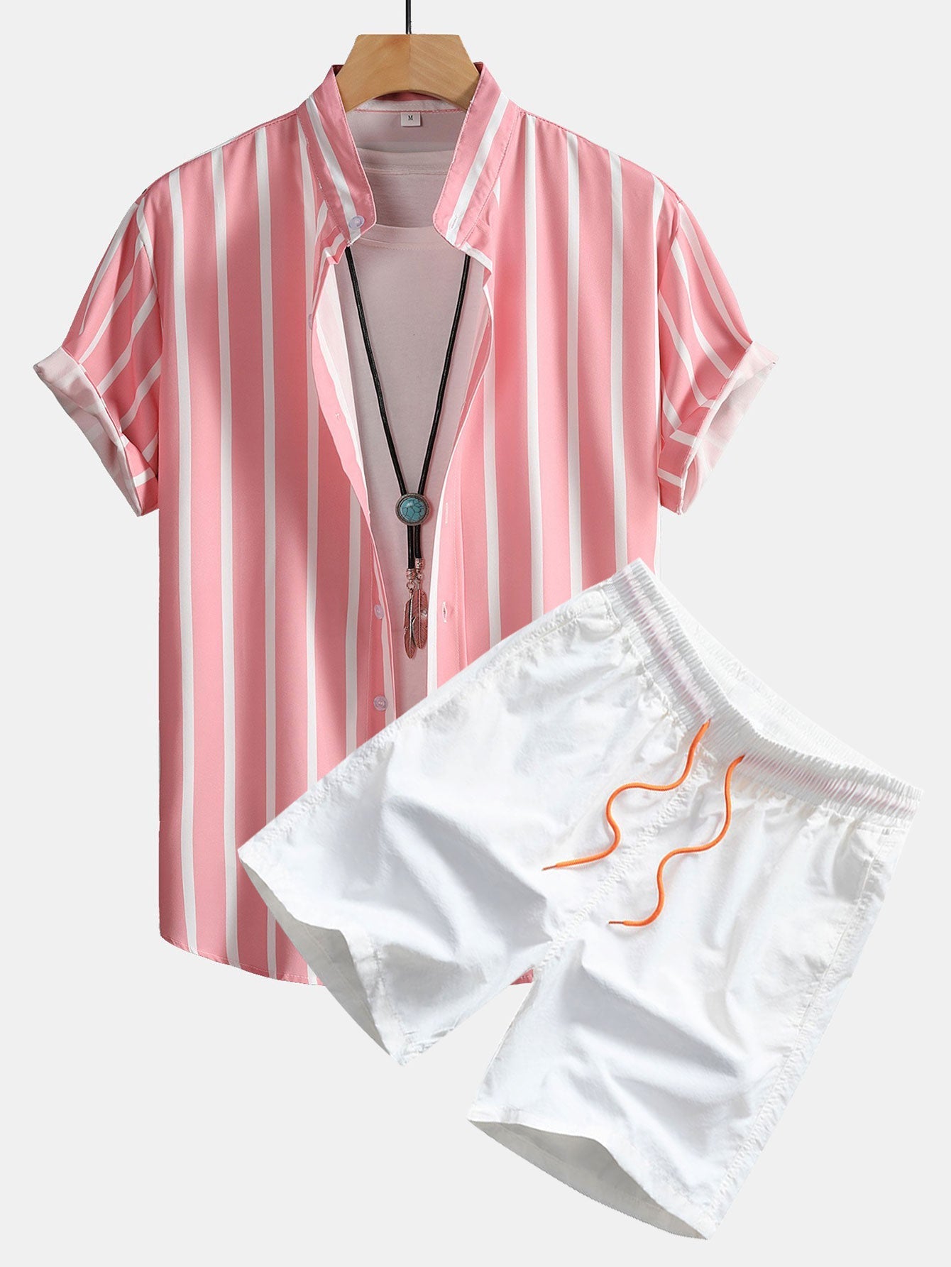 Striped Button Up Stand Collar Shirt & Man Mid Length Drawstring Swim Shorts