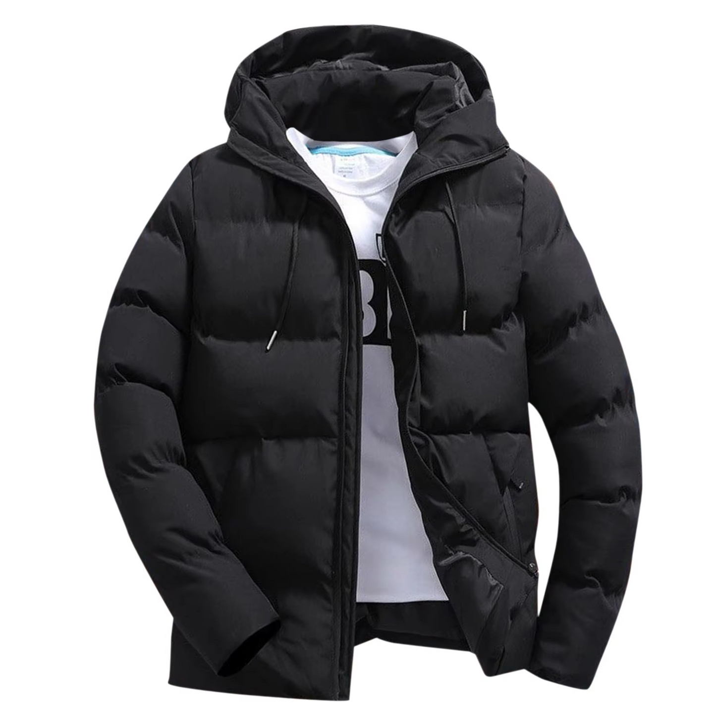 Puffer jacket with hood and zip front