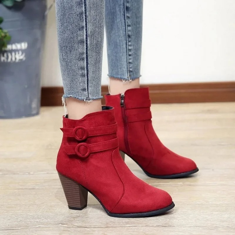 Women's Ankle Boots with Buckle Straps and Zip - Women's Ankle Boots