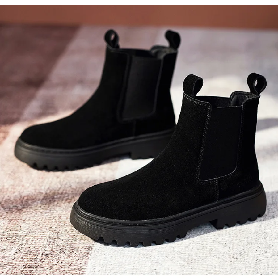 Women's Suede Chelsea Boots with Draw Loops and Rugged Sole