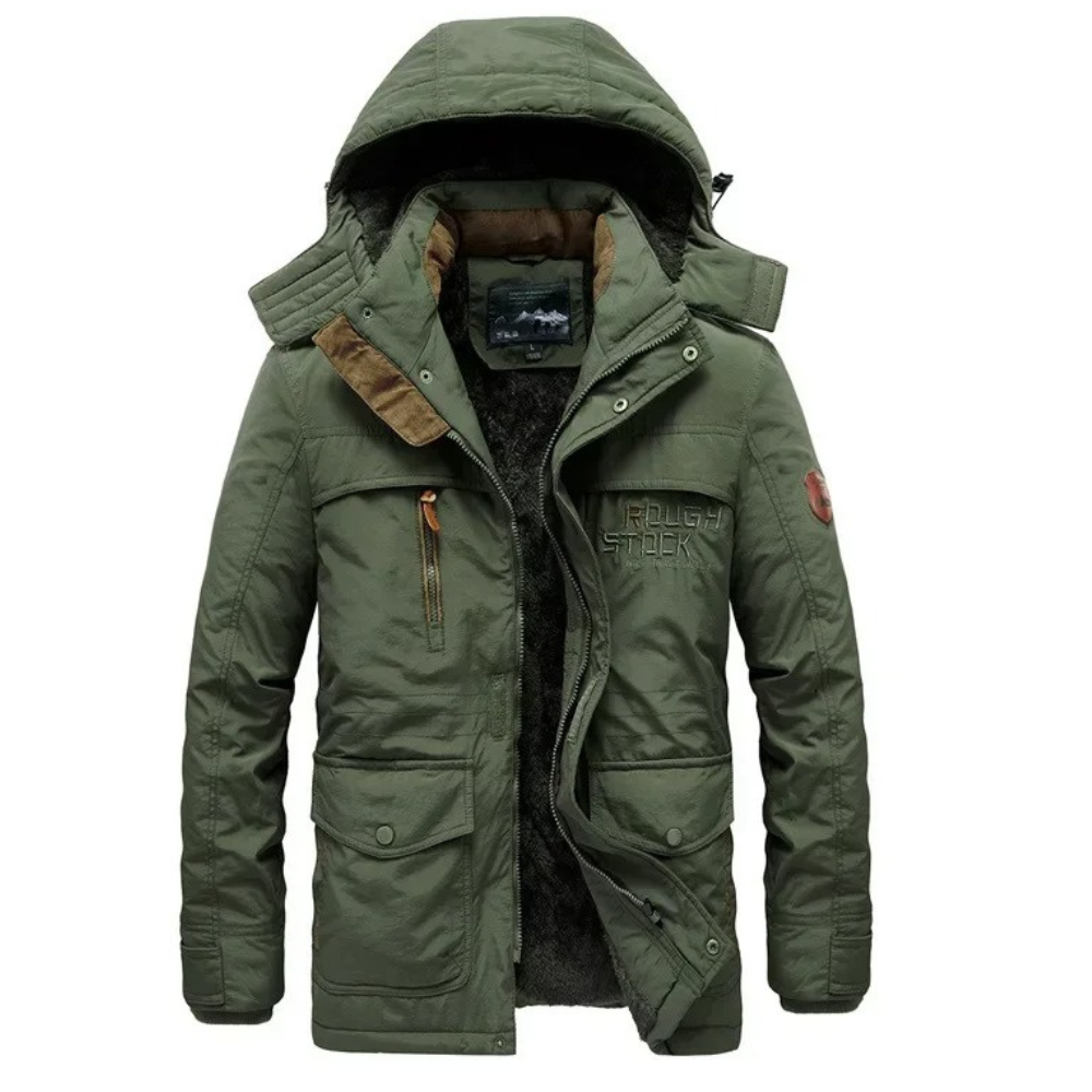 Robust parka jacket for men with detachable hood and pockets