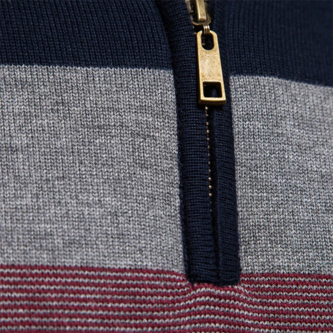 Striped knitted pullover with zip and stand-up collar