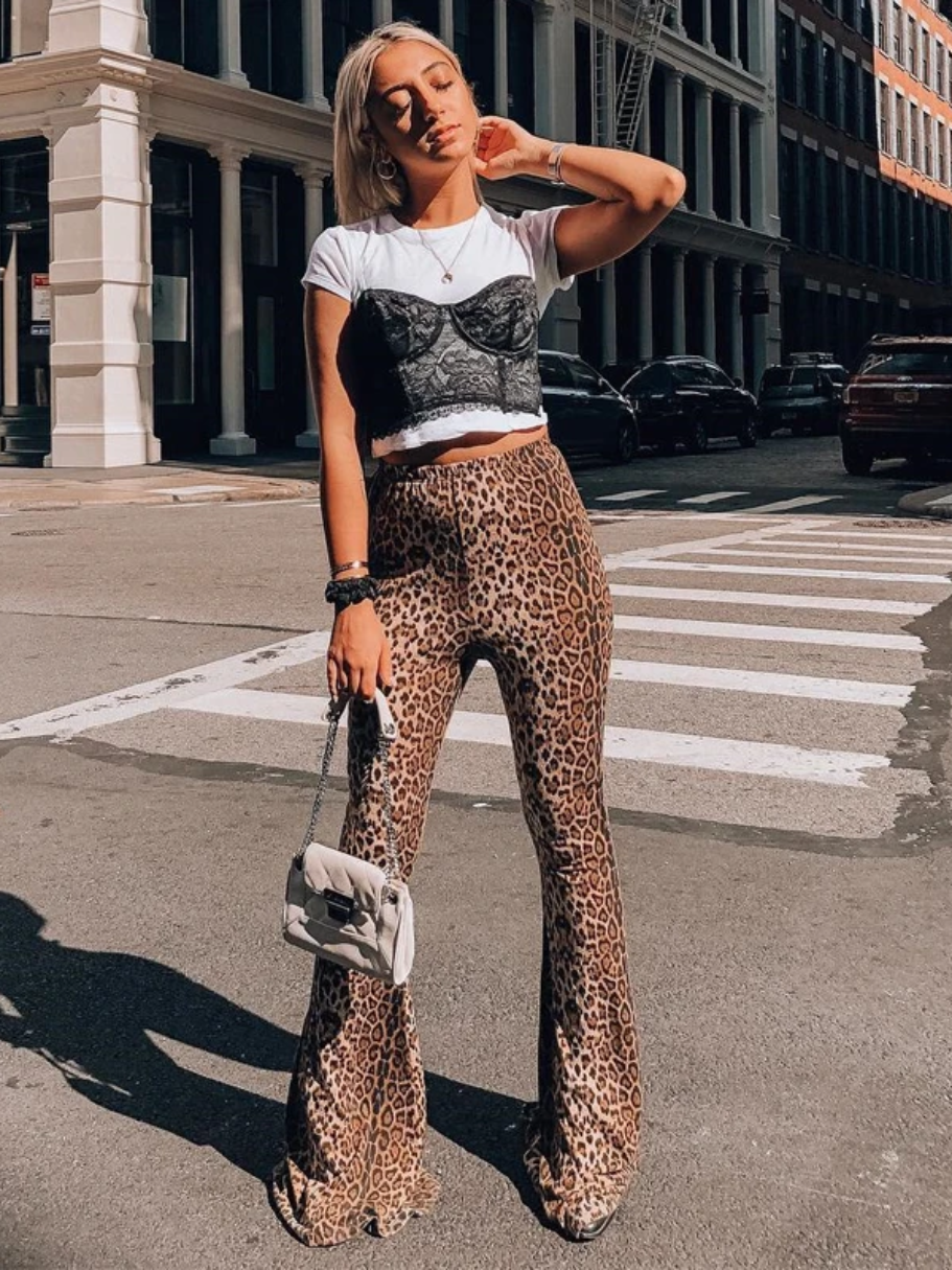 Women's leopard print flared trousers with high waist