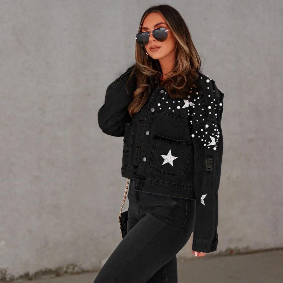 Denim jacket with pearl embellishment and star accents