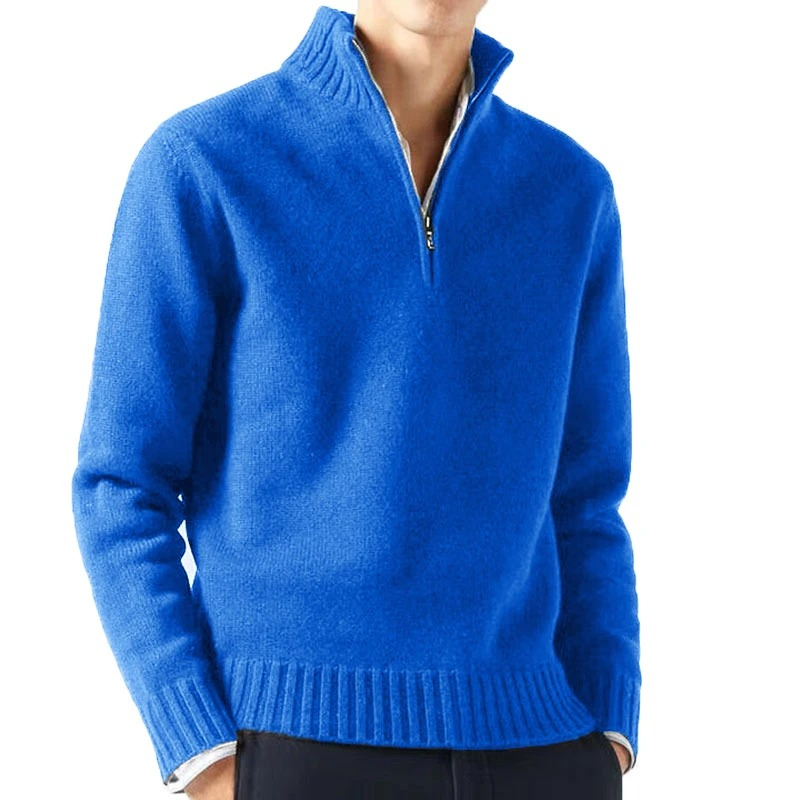 Warm knitted pullover with zip and stand-up collar