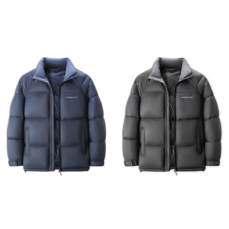 Men's puffer jacket with high collar and logo details