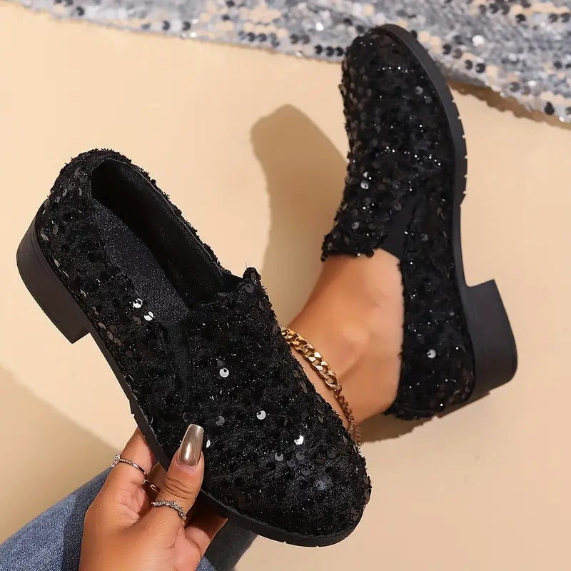 Women - Loafers - Sequined Design - Chunky Heel Fashion Shoes