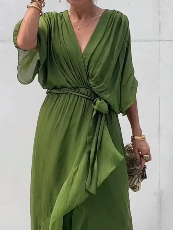 Green chiffon dress with V-neck ladies