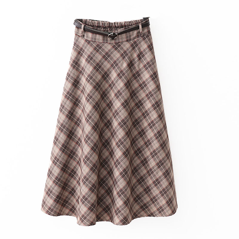 Stylish retro diagonal checked mid-length skirt