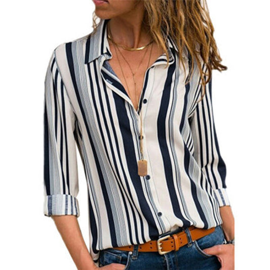 Stylish striped casual V-neck long sleeve chiffon blouse