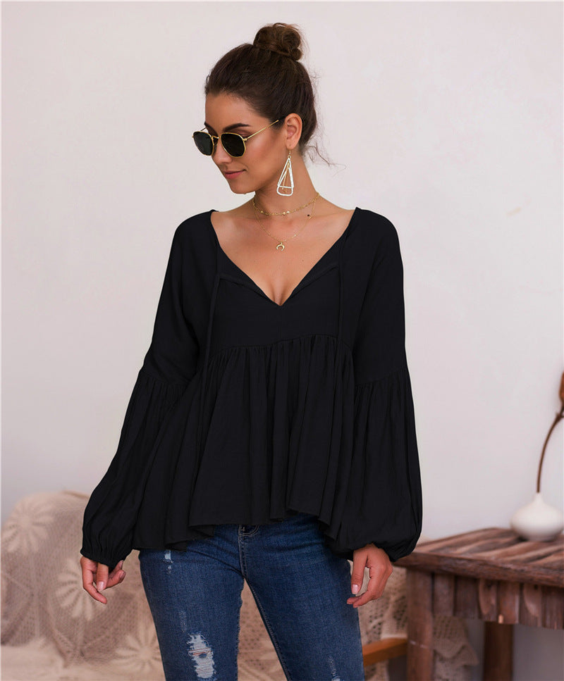 Puff sleeves single-coloured V-neck blouse T-shirt