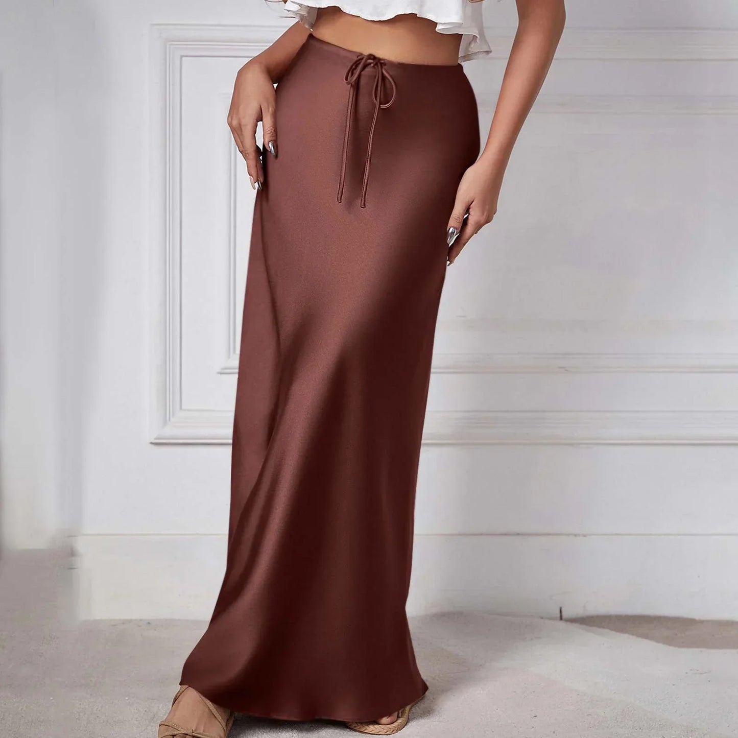 Women - High-Waisted Satin Skirt - Elegant Lacing Detail - Chic Fashion Statement