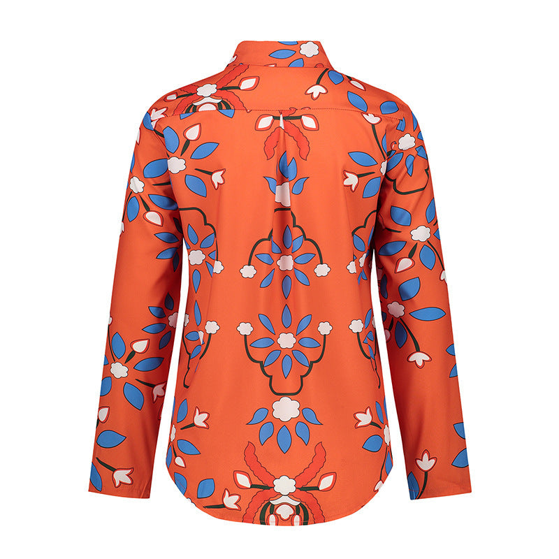 Printed long sleeve lapel collar fashion women's blouse