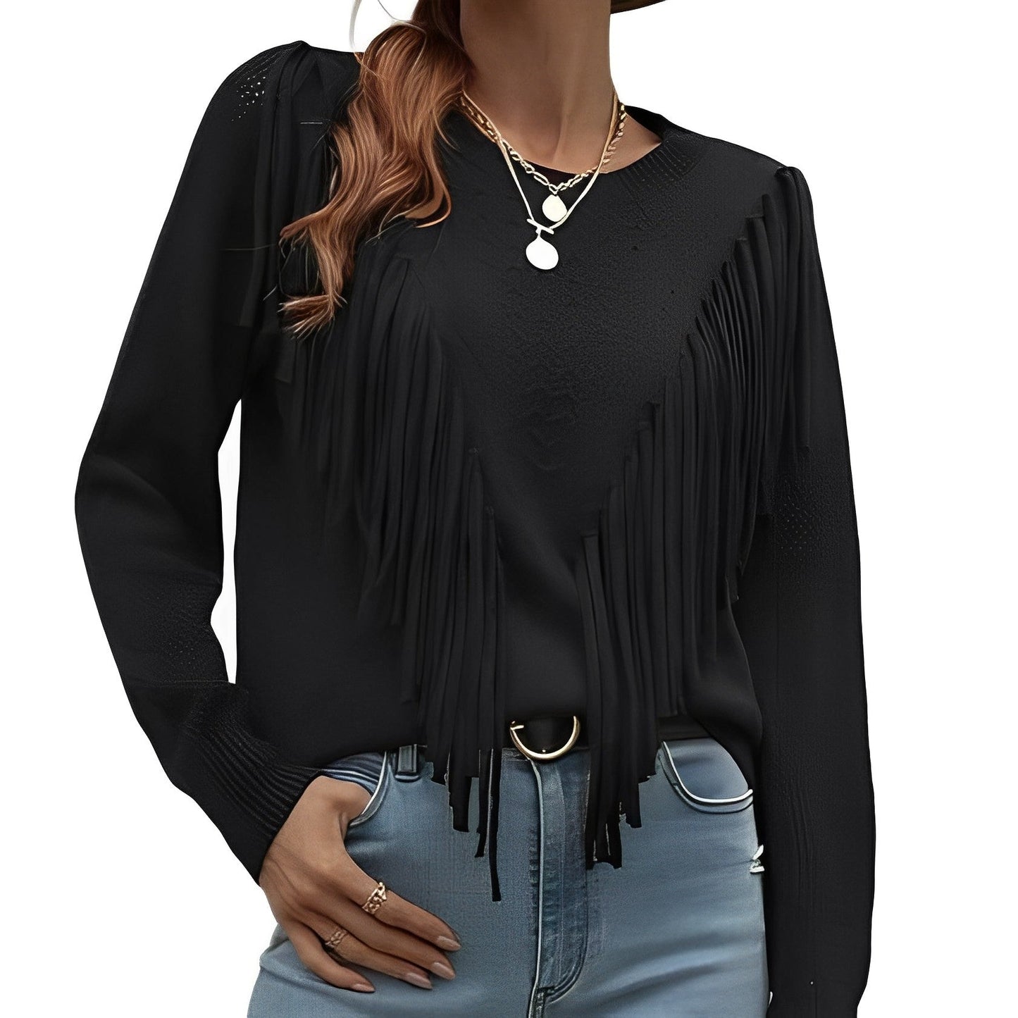 Women - Wide Jumper - Cozy Knit with Fringes - Stylish Fall Sweater