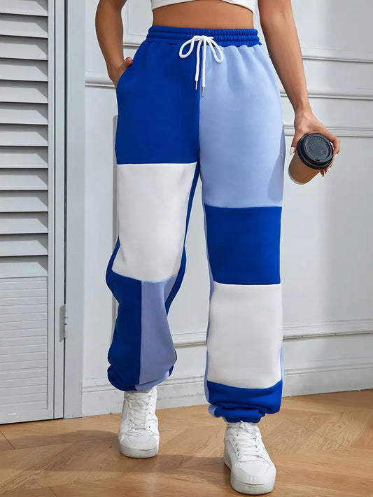 Women's Jogger Trousers - Colour Block Loose Fit - Comfortable Drawstring Style - Casual Athletic Wear