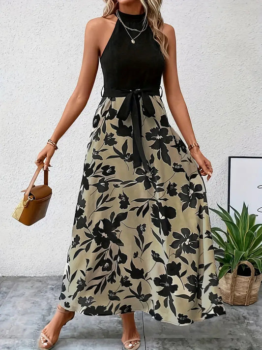 Halter neck splice dress with floral print