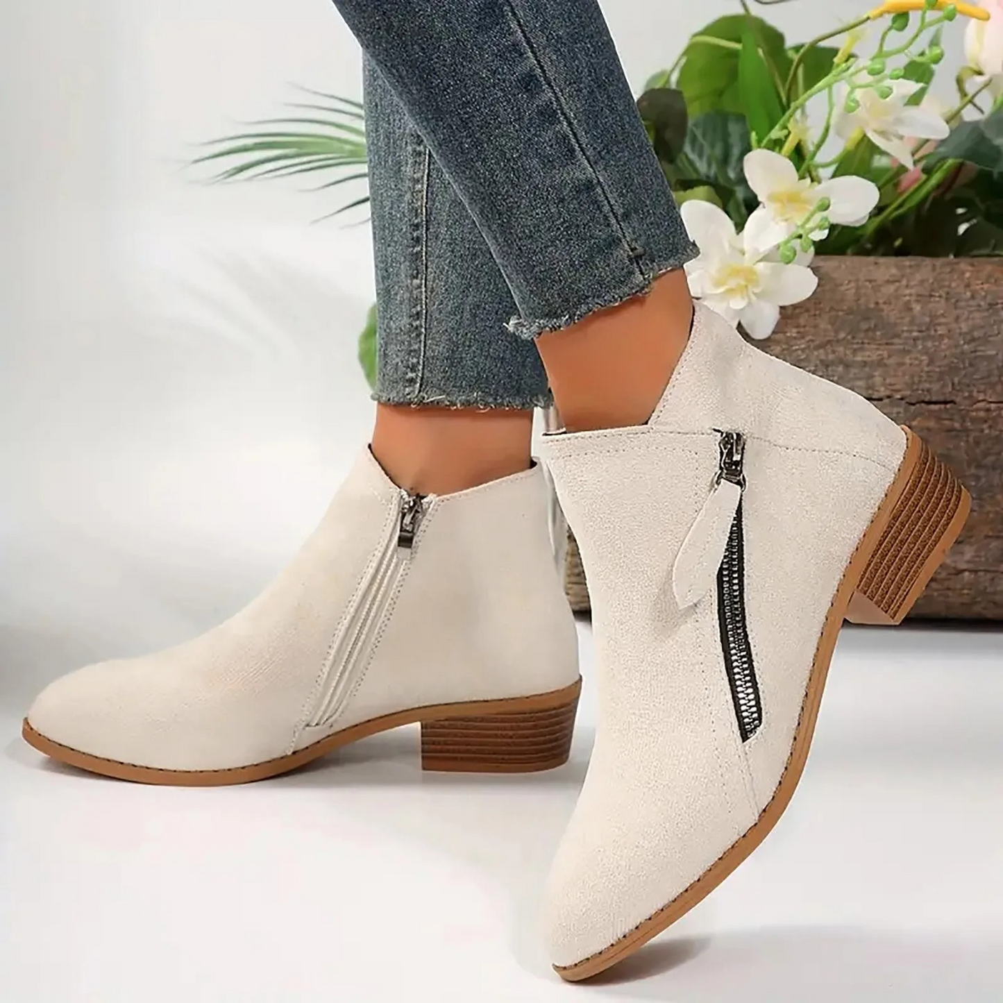 Women's Suede Ankle Boots with Zipper and Low Heel