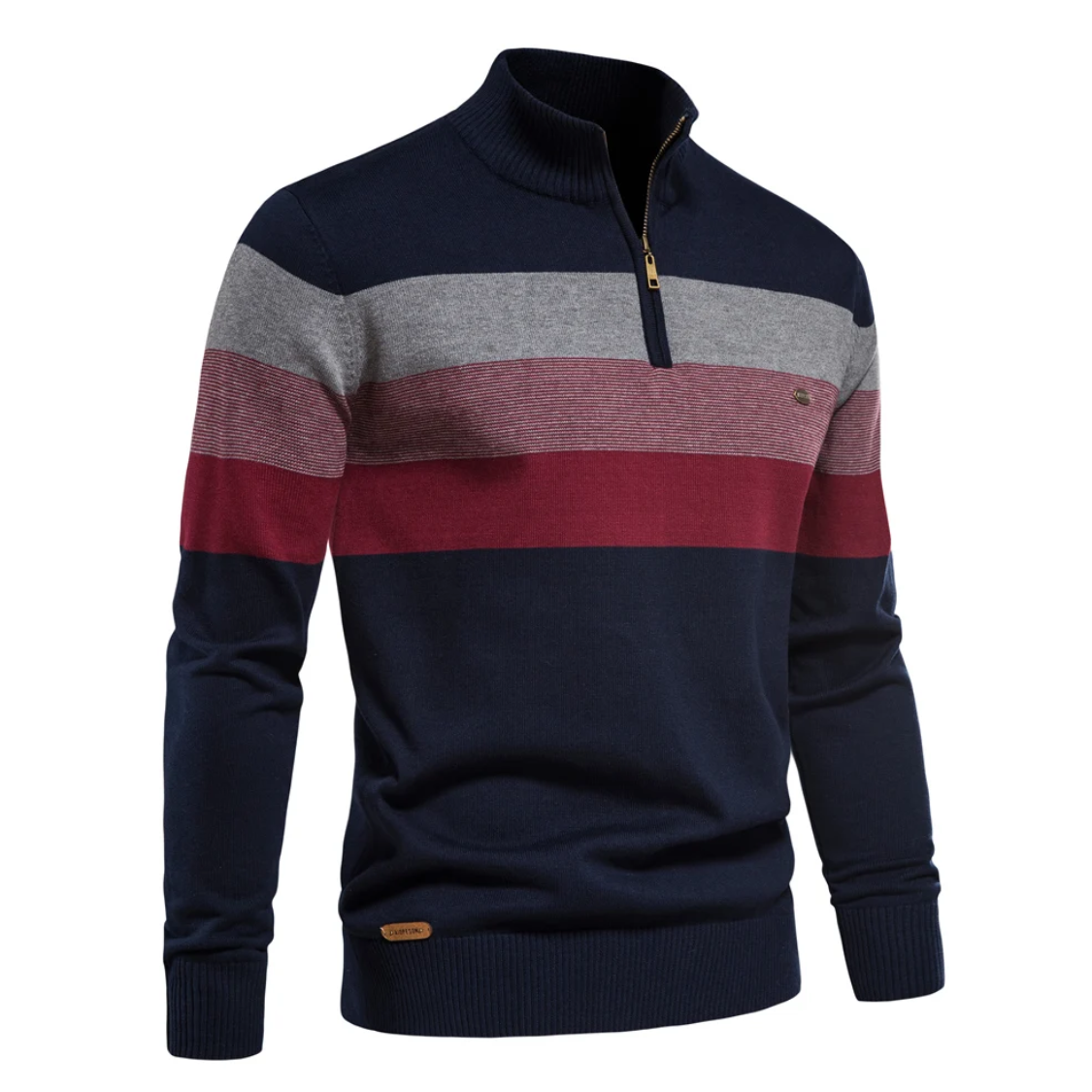 Striped knitted pullover with zip and stand-up collar