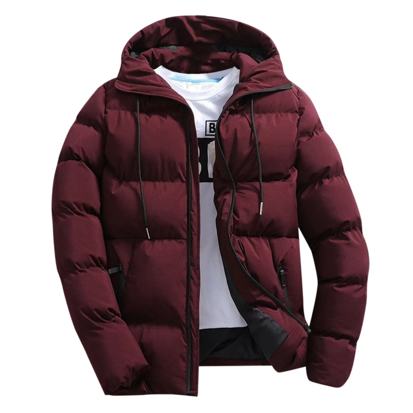 Puffer jacket with hood and zip front