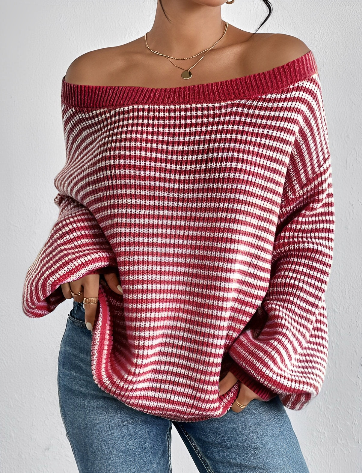 Women's Off-Shoulder Jumper - Contrasting Colour - Stylish Knitwear for Trendy Outfits