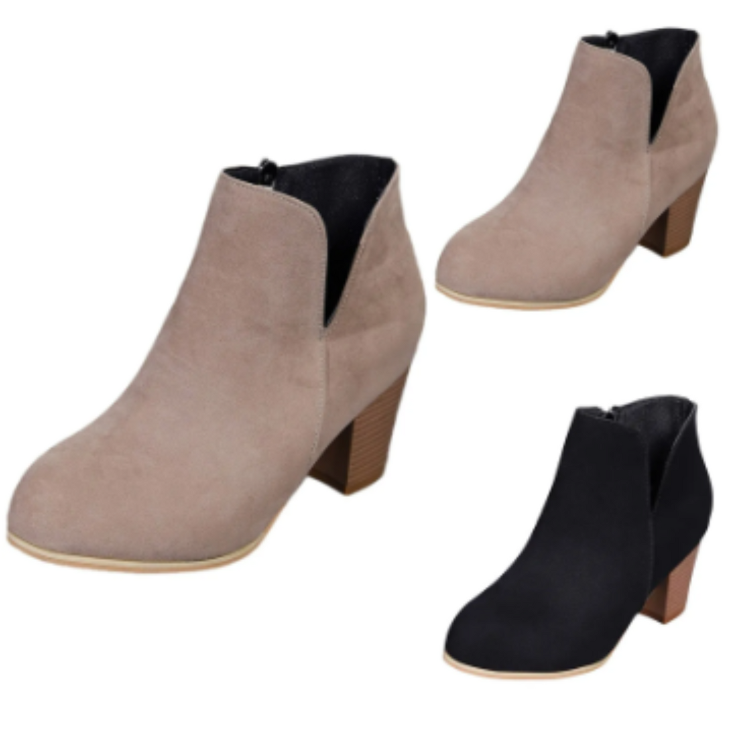 Ankle Boots with Block Heel, V-Snit and Side Zip