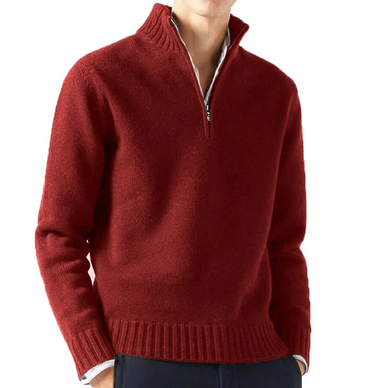 Warm knitted pullover with zip and stand-up collar