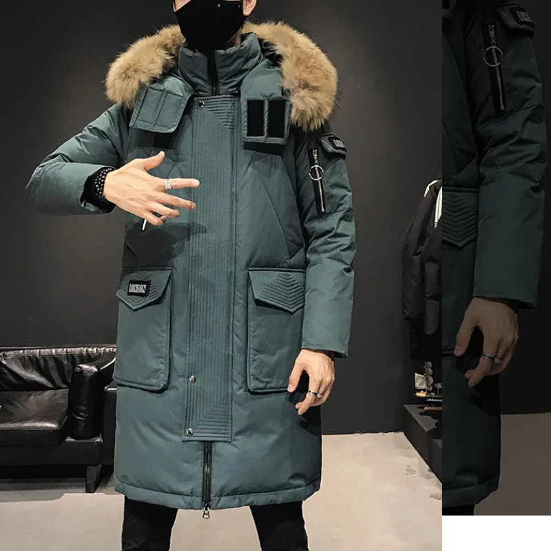 Men's parka winter jacket with fur hood and long sleeves