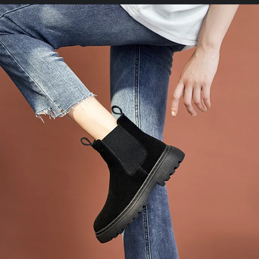 Women's Suede Chelsea Boots with Draw Loops and Rugged Sole