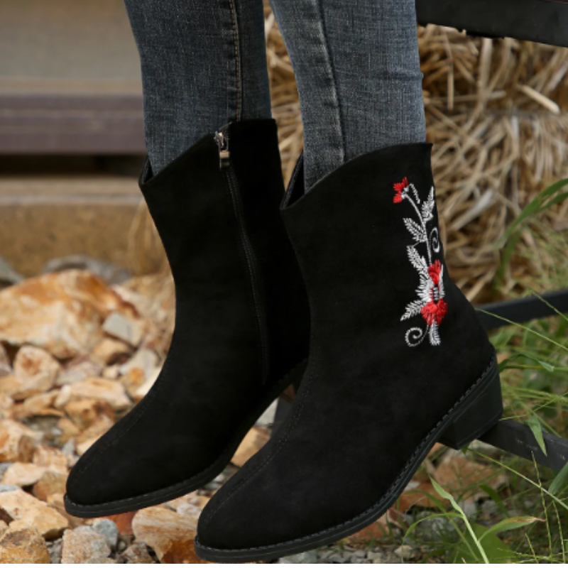 Women's Ankle Boots with Floral Embroidery and Zipper - Women's Ankle Boots