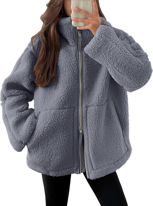 Women - Oversize Teddy Jacket - Cozy Double Zip Design - Warm and Stylish Outerwear