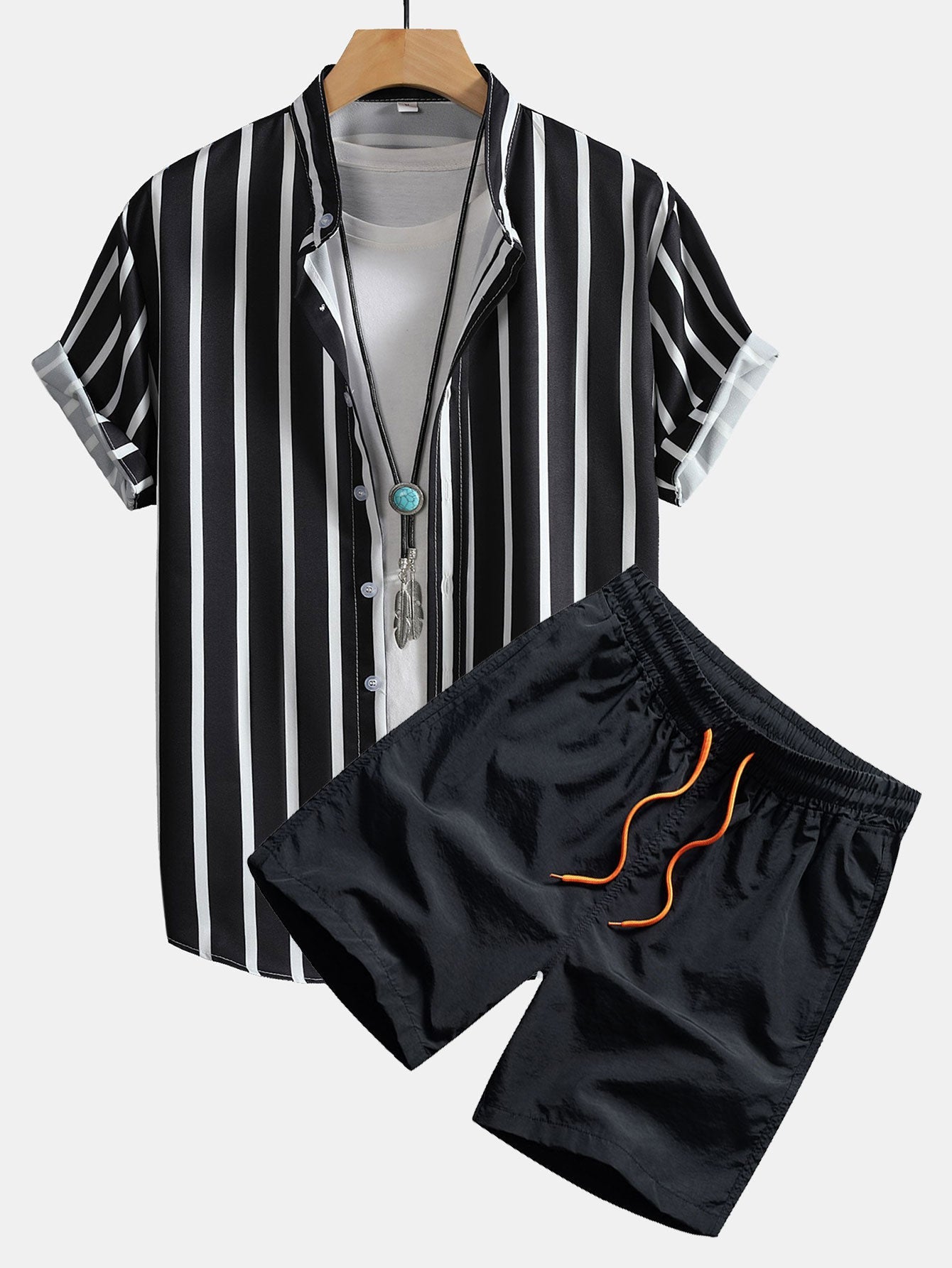 Striped Button Up Stand Collar Shirt & Man Mid Length Drawstring Swim Shorts