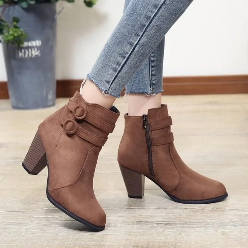 Women's Ankle Boots with Buckle Straps and Zip - Women's Ankle Boots