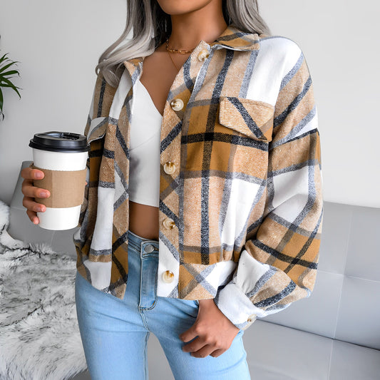 Women - Cropped Jacket - Stylish Check Pattern - Trendy Layering Essential