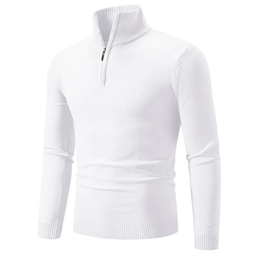 Comfortable knitted pullover with high collar and zip fastening