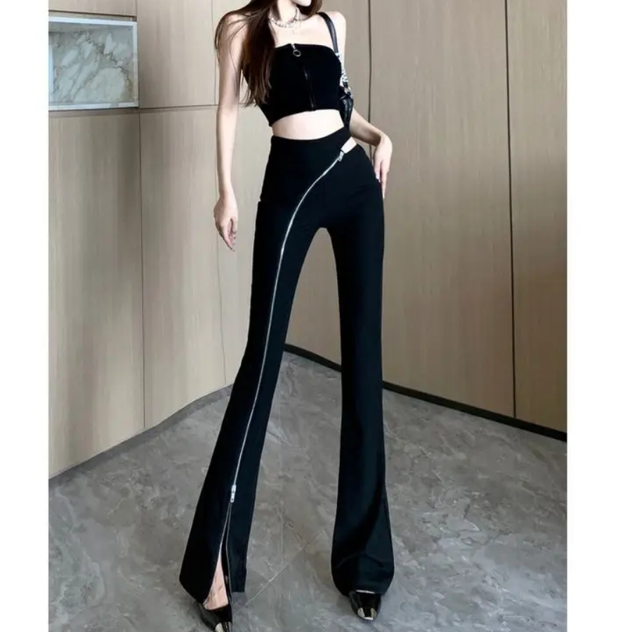 Women's Flared Trousers with Asymmetric Zip and High Waist