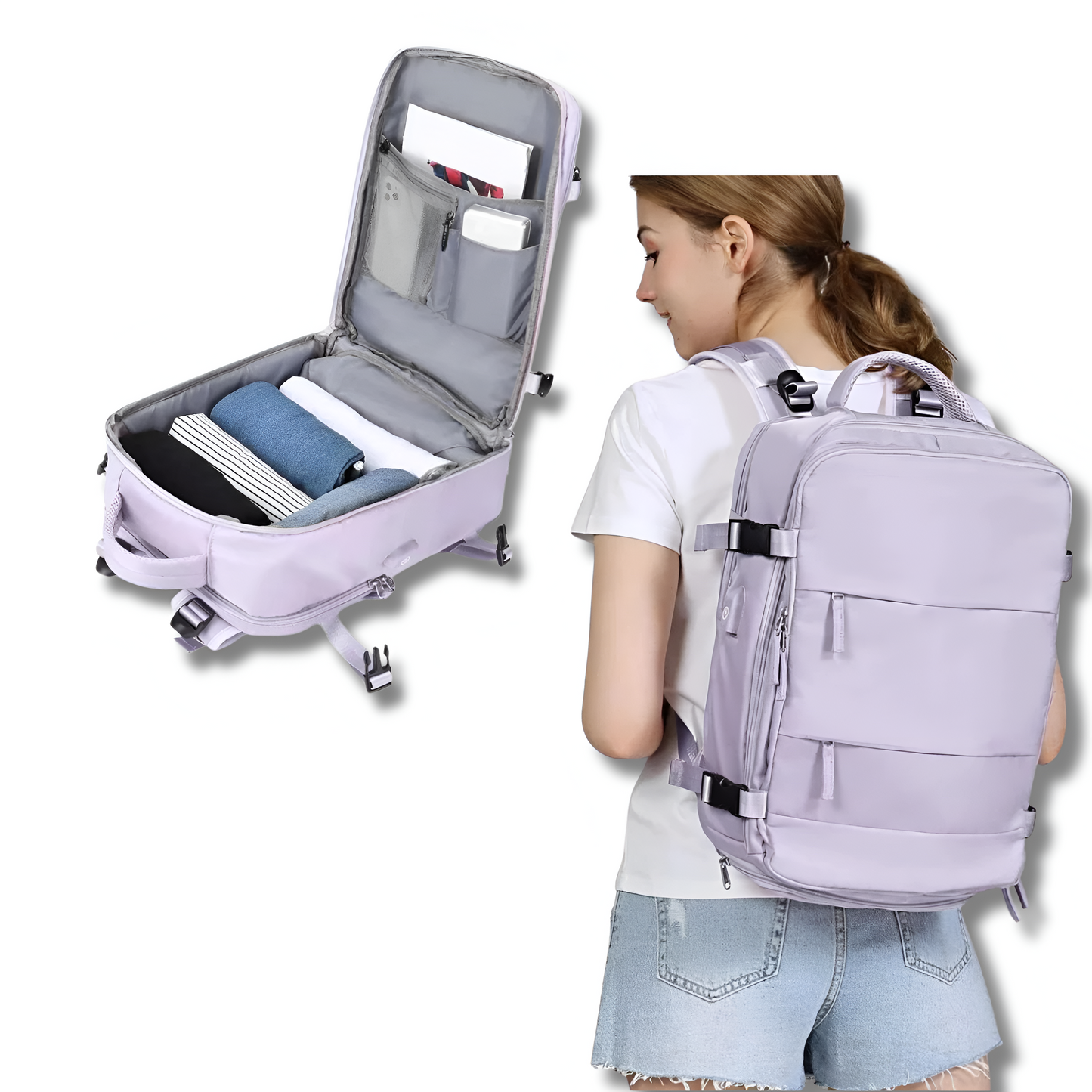 Travel backpack with plenty of storage space and USB charging port