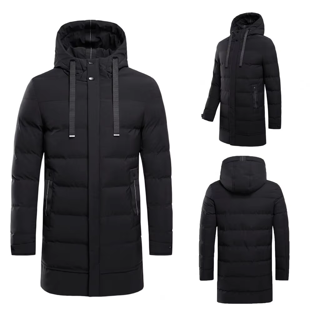 Men's puffer jacket with hood and zip front