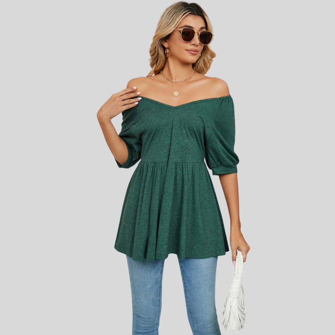 Wide flared peplum top with V-neckline