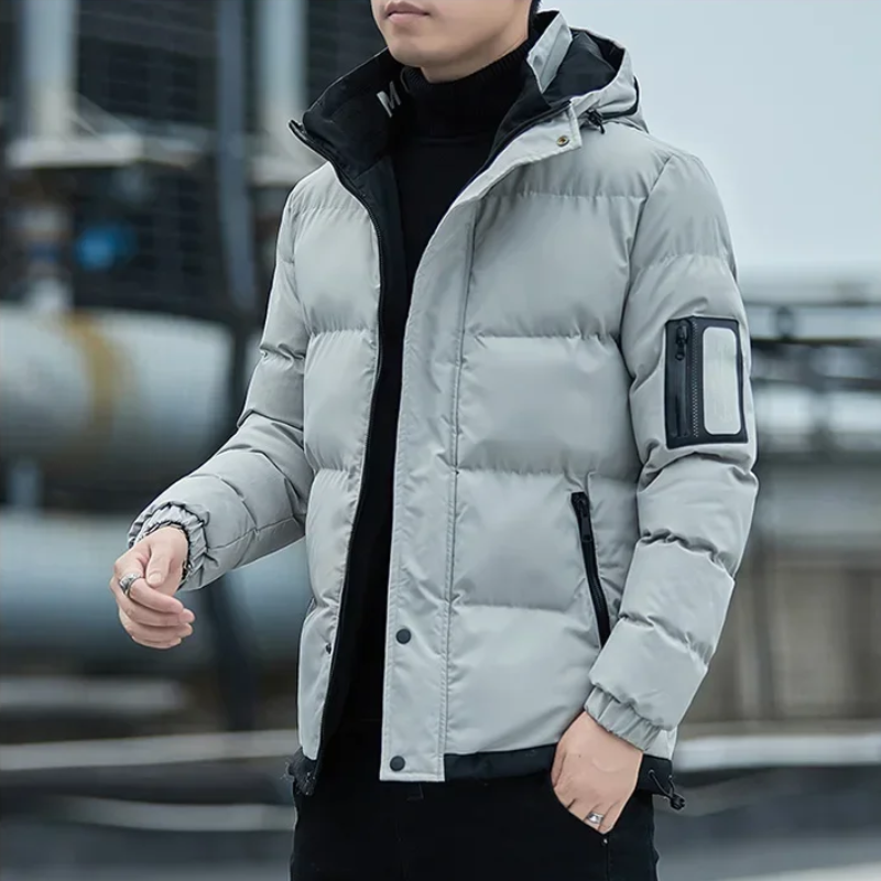 Men's puffer jacket with arm pocket and front zip