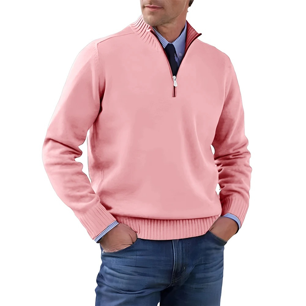 Elegant knitted pullover with zip and stand-up collar