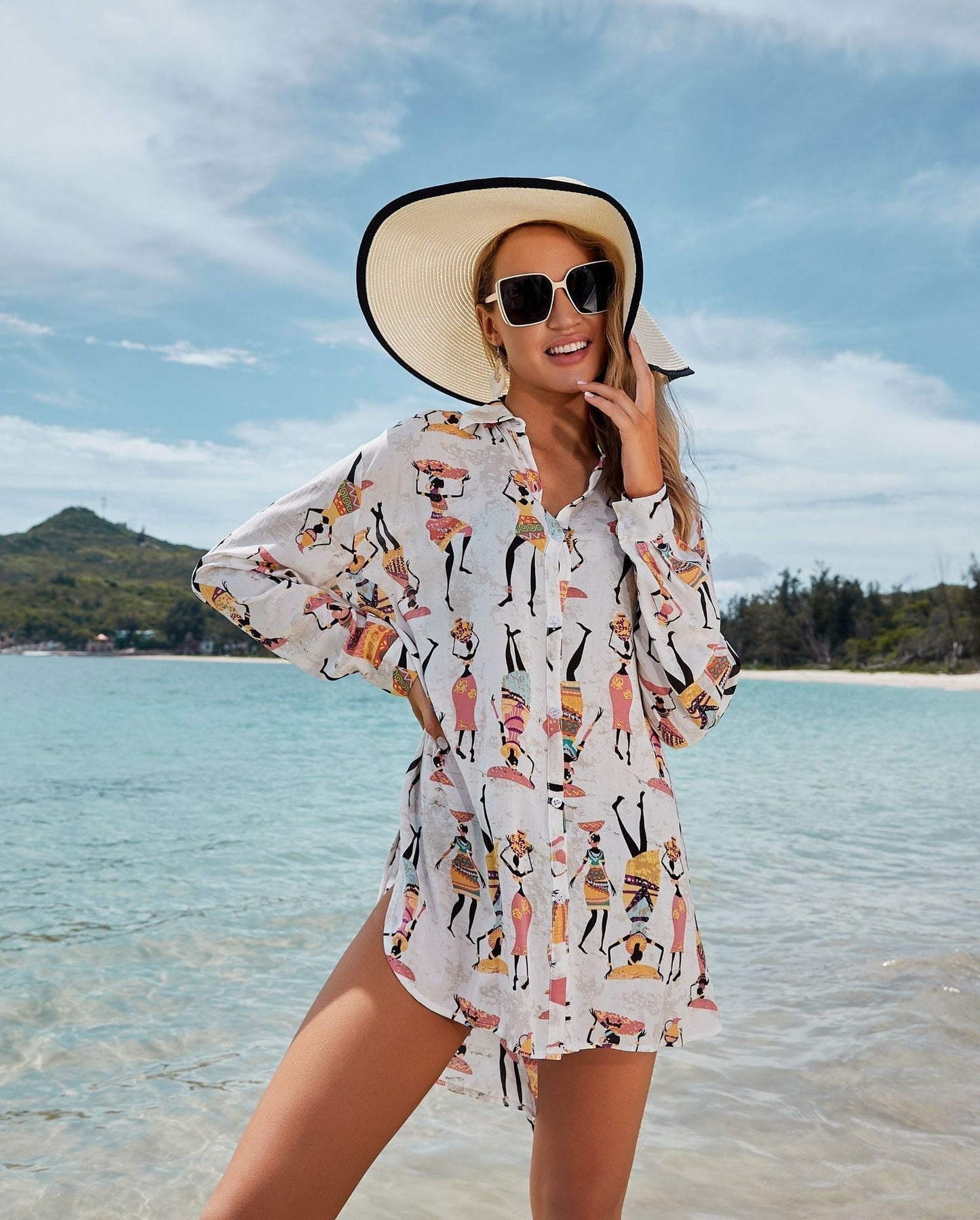 Luxury Beach Cartoon Printed Shirt Style Cover-up